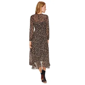 Tommy Hilfiger Crossover Hem Black Tan Floral Midi Dress‎ Sheer Chiffon Size 8 thumbnail 4