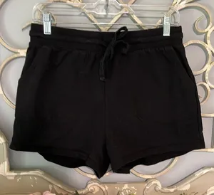 The Comfy Black Knit Shorts Elastic Drawstring Waist Cotton thumbnail 2