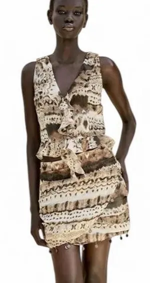 Zara brown and beige abstract pattern ruffled top & mini skirt size medium thumbnail 1