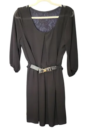 IZ Byer NWOT Women Party Dress Black Lace‎ Back Belted Chiffon 3/4 Sleeve L thumbnail 1