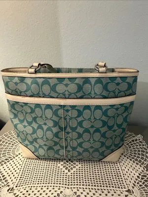 Coach Chelsea Teal and Cream Signature Stripe Tote. thumbnail 9
