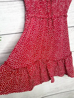 Red & White Polka Dot Smocked Sleeveless Mini Dress with Ruffle Hem Size Small thumbnail 6