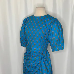 AUREUM Ruched Sash Blue Floral Mini Dress Puff Sleeves Ruching Ruffle Small thumbnail 6