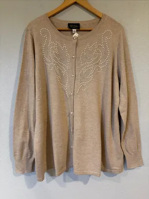 NWT Bob Mackie Wearable Art scroll design cardigan sweater pearl and crystal L thumbnail 1
