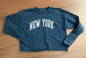 Brandy Melville Navy Graphic Cropped Long Sleeve Boxy Top thumbnail 1