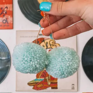 Light Teal Blue Pom Pom Earrings thumbnail 2