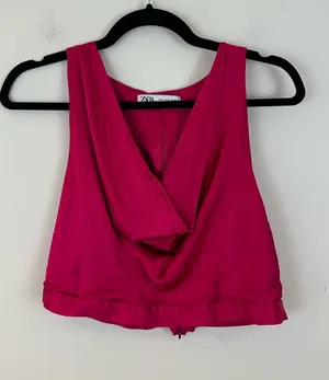 Zara Pink Cowl Neck Sleeveless Top Crop Length Zipper Back Size XL thumbnail 1