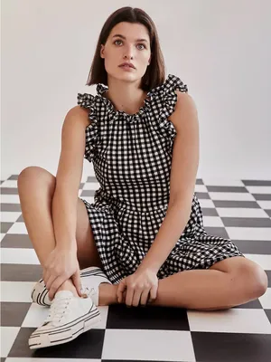 Maeve Lida Ruffled Mini Dress Women XS Black White Gingham Tiered Skirt thumbnail 2