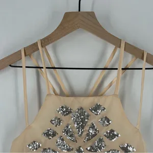 Truth NYC Sheer Lightweight Pink Chiffon SIlver Emellished Sequins‎ Strappy Tank thumbnail 4