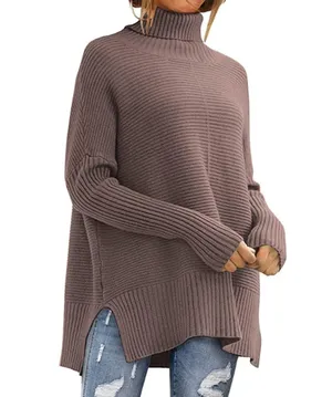 Turtleneck Oversized Tunic Long Sleeve Spilt Hem Pullover Knit Sweater Top S thumbnail 1