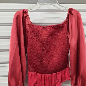 Womens Satiny Wrap Bodysuit Top Sz XS Red Puff Sleeve Smocked Romantic Holiday thumbnail 7