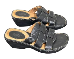 Born Black Leather Wedge Slide Sandals Women 8 39 W3496 K6 Contrast Stitching thumbnail 1