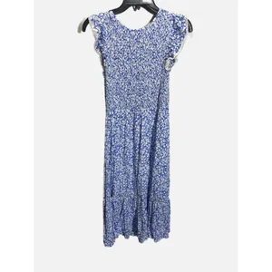 Lost + Wander Midi Dress Womens M Blue Floral Smocked‎ Ruffle Sleeve Cottagecore thumbnail 2