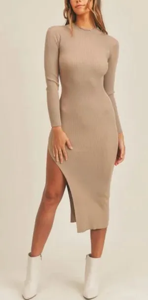 Long-Sleeve Asymmetric Midi Dress in Taupe thumbnail 1
