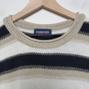 VTG‎ 90s Women Cotton Open Knit Sweater Large Preppy Tan Striped Black Coastal thumbnail 4