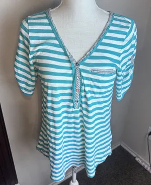 Anthropologie Feather Bone sz M knit top T Shirt Turquoise Striped casual Beach‎ thumbnail 1