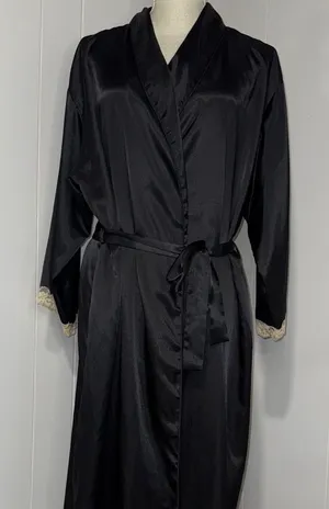 Elegant Black Satin Robe with Lace Trim thumbnail 1