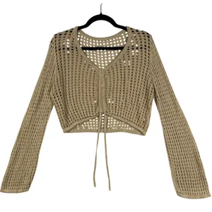 Open Knit L Tan Tie Front Cropped Cardigan Sweater Slouchy Boho Fairy‎ Grunge thumbnail 2