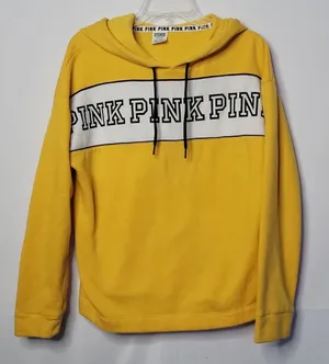Victoria's Secret Pink hooded hoodie yellow pullover sweatshirt sz Medium thumbnail 1