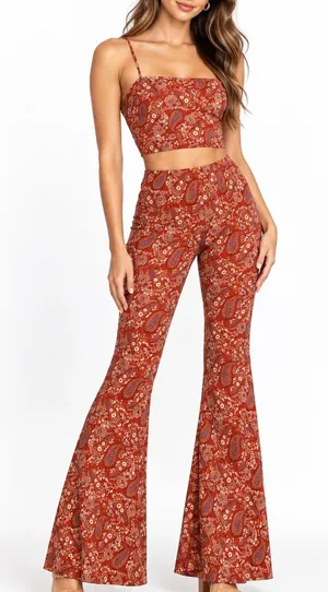 Windsor 2PC Set XS S Rust Paisley Crop Top Wide Leg Flare Pants 70s Halloween thumbnail 1