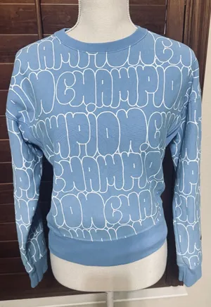 Champion Reverse Weave Sweatshirt Womens XS Light Blue Logo Spellout AOP thumbnail 1