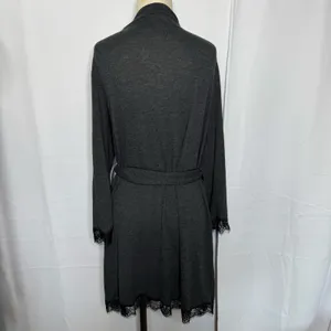 Victoria's Secret Wrap Robe M/L Charcoal Gray Lace Trim Belted thumbnail 3