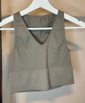 Women's V-Neck Ribbed Cropped Tank Top - Taupe thumbnail 1