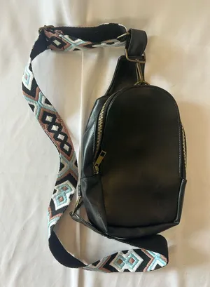 Black Leather Crossbody Sling Bag with Patterned Strap thumbnail 1