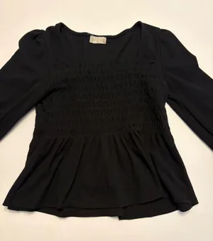Altar'd State Peplum Top Womens Medium Black Smocked Waffle Knit Long Sleeve thumbnail 1