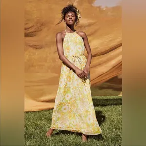 NWT Lulus Feeling Splendid Yellow and Green Floral Print Halter Maxi Dress L thumbnail 2