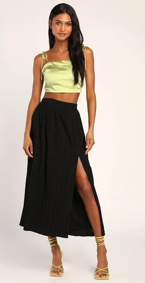 Lulus Midsummer Memories Black Mid-Rise Maxi Skirt Side Slit Plisse XS NWT thumbnail 1