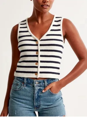 Abercrombie & Fitch Navy and White Striped Knit Tank Top Women’s‎ Sz Large thumbnail 1