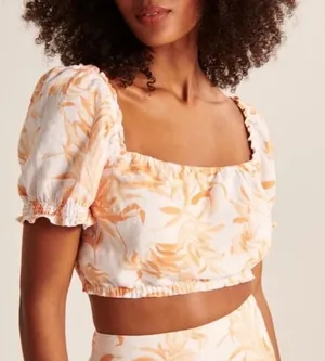 Abercrombie‎ & Fit Puff Sleeve Linen Crop Top Orange Cream Floral Preppy Cottage thumbnail 1