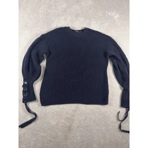 womens polo ralph lauren sweater tie sleeves navy chucky knit pima cotton Ribbed thumbnail 3