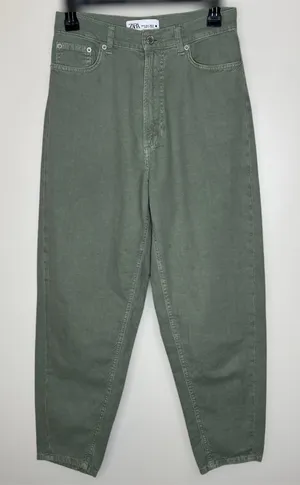 Zara Balloon Jeans 4 Women Green High Waist Ankle Crop 100% Cotton Casual Trendy thumbnail 1