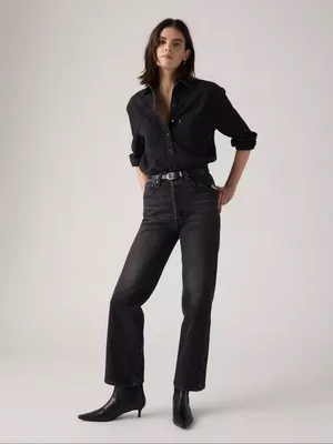 Levi's Ribcage Straight Ankle Jeans Black High Rise Stretch Cropped Denim 28 thumbnail 2