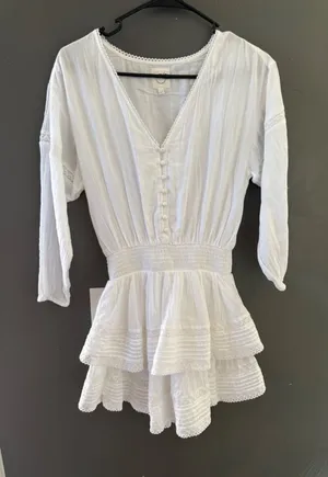Aerie‎ White Cotton Gauze Lace Ruffle Romper Smocked Waist V-Neck Long Sleeve XS thumbnail 1