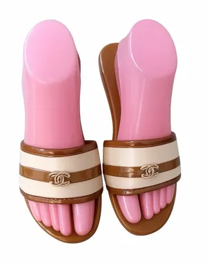 Brown & Cream Striped Slide Sandals thumbnail 1