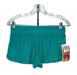 NWT crochet beach shorts lightweight‎ see through teal swim cover up medium thumbnail 1