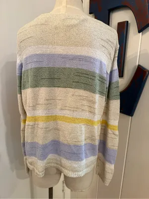 Susan Bristol Cream Cardigan with Multicolor Floral & Stripe Accents Sz L thumbnail 2