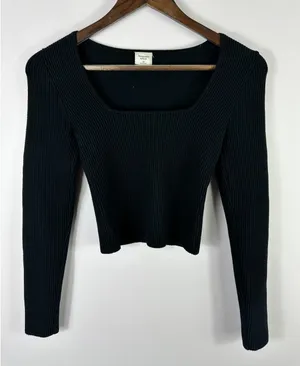 Abercrombie & Fitch Black Fitted Long‎ Sleeve Square Neck Crop Top Womens XS thumbnail 1