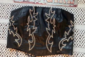 Lucky & Blessed Black Leather Boot Stitch Embroidered Corset thumbnail 1