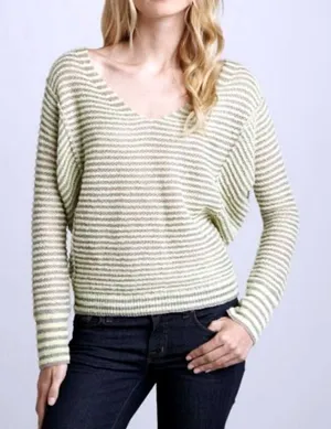 Free People Bumblebee V-Neck Striped Sweater‎ Women's L Green Gray Boho Hippie thumbnail 1
