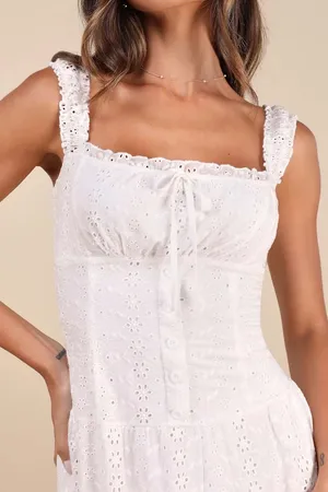 New Lulus Nerissa White Eyelet Embroidered Ruffled Drop Waist Midi Dress Size XS thumbnail 5