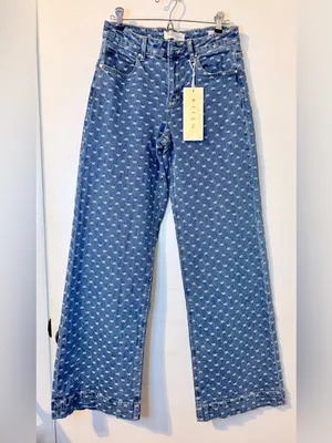 Risen Jeans 5/27 Wide Leg Blue Denim White Bow Embroidery NWT thumbnail 7