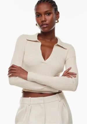 Aritzia Babaton Sculpt Knit Long Sleeve Polo Beige Taupe S thumbnail 1