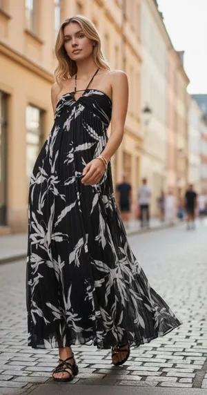 NWT White House Black Market halter Neck Pleated Maxi Dress Black White 4 thumbnail 1