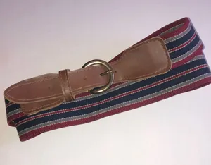 Striped Canvas Belt with Leather Accents - Red, Navy, Cream thumbnail 1