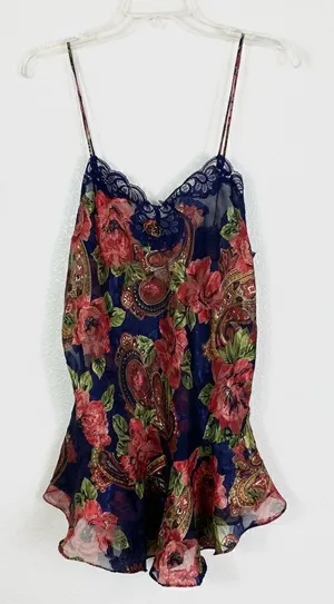 Vintage 80’s Victoria’s Secret Gold Label Navy & Red Floral Paisley Slip Chemise thumbnail 1