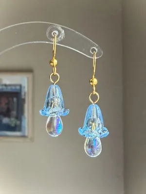Handmade quality Czech glass beads & German acrylic flower beads cute fairy cottage style dangle earrings💐🩵 thumbnail 1